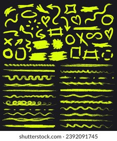 Collection of neon highlighting sketch elements on black background. Rough yellow underline markers, text boxes, brush strokes, hand drawn frames, arrows, emphasis, doodle bubbles, etc