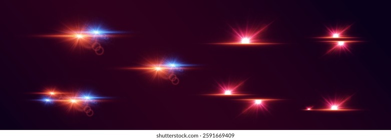 Collection of neon highlights and flares, star explosion, light lines.