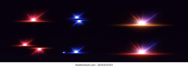Collection of neon highlights and flares, star explosion, light lines.