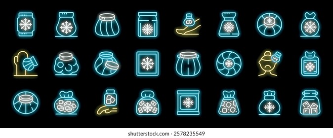 Collection of neon icons depicting winter and holiday themes on a black background