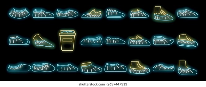 Collection of neon icons showcasing diverse footwear designs on a black background