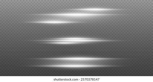 Collection of neon laser beams, glare flash, shining spark particles. On a transparent background.