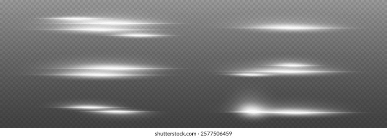 Collection of neon laser beams, glare flash, shining spark particles. On a transparent background.