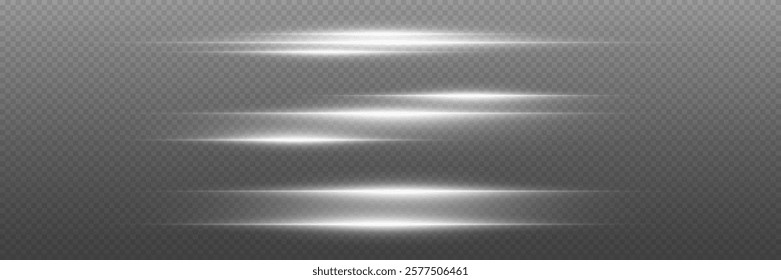 Collection of neon laser beams, glare flash, shining spark particles. On a transparent background.