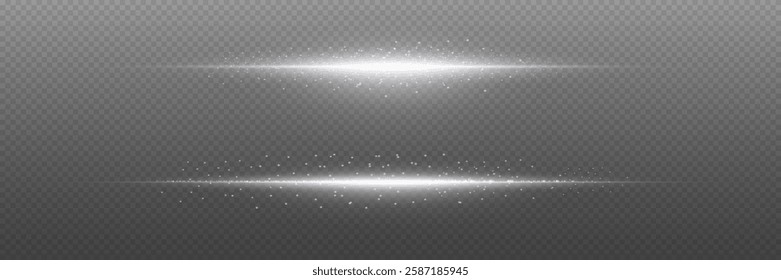 Collection of neon laser beams, glare flash, shining spark particles. On a transparent background.