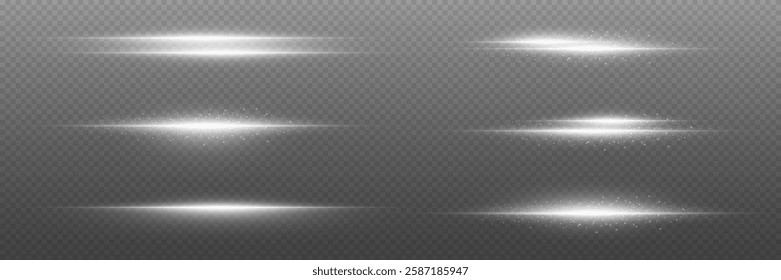 Collection of neon laser beams, glare flash, shining spark particles. On a transparent background.