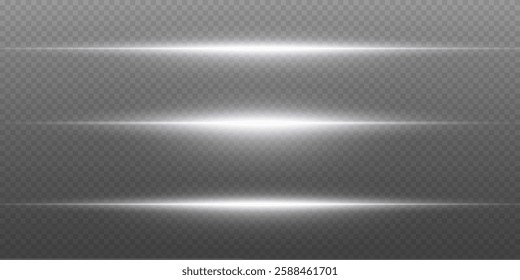 Collection of neon laser beams, glare flash, shining spark particles. On a transparent background.