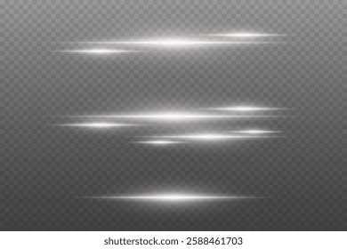 Collection of neon laser beams, glare flash, shining spark particles. On a transparent background.