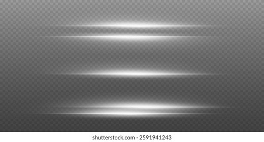 Collection of neon laser beams, glare flash, shining spark particles. On a transparent background.