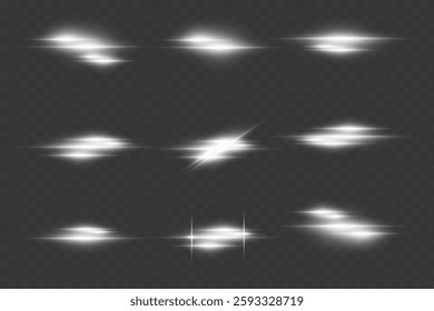 Collection of neon laser beams, glare flash, shining spark particles. On a transparent background.