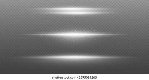 Collection of neon laser beams, glare flash, shining spark particles. On a transparent background.