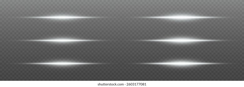 Collection of neon laser beams, glare flash, shining spark particles. On a transparent background.