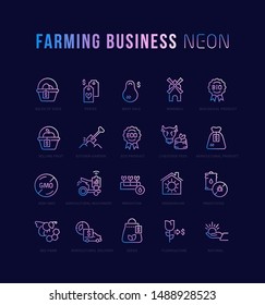 Collection of neon linear icons of farming business