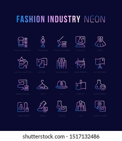 Collection of neon linear icons with names. Gradient icons of fashion industry for infographics and websites