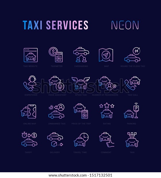 Collection of neon linear\
icons with names. Gradient icons of taxi services for infographics\
and websites