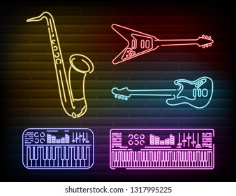 Collection of neon music instruments. Retro Music neon symbols design elements. . Bright signboard, night advertising. Neon guitars, 
synthesizers and saxophone vector illustration