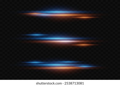 Collection of neon red and blue lines. Rays light effect. On a transparent background.
