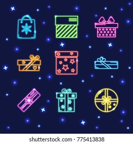 Collection of neon shining gift box icons in line style