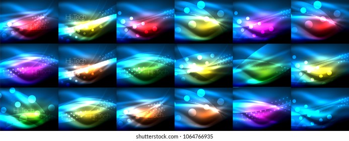 Colección de efectos de luz brillante neón en la oscuridad, fondos abstractos. Ilustración del vector