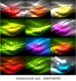 Collection of neon shiny light effects in darkness, abstract backgrounds. Vector illustration