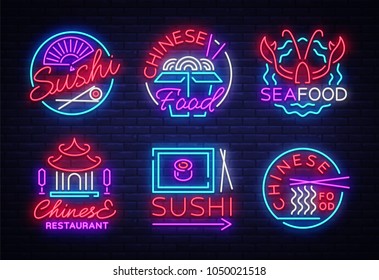 Collection neon signs Food. Set Logos in neon style Sushi, Seafood, Lobster, Chinese food, light emblem, night neon advertising for restaurant, snack bar, cafe, bar, dining room. Vector illustration