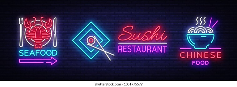 Collection neon signs Food. Set Logos in neon style Sushi, Seafood, Lobster, Chinese food, light emblem, night neon advertising for restaurant, snack bar, cafe, bar, dining room. Vector illustration