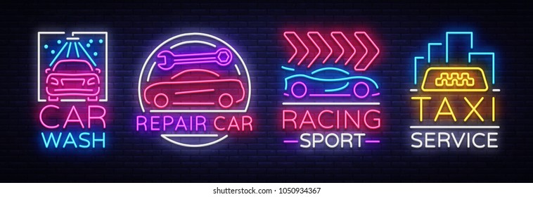 Collection neon signs Transport. Neon logo emblems, Taxi service, Car wash, auto service, car repair, street racing. Design template, light banner, nightly neon advertising. Vector Illustrations