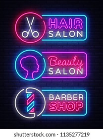 Collection neon signs vector. Hairdress, Barber Shop, Beauty salon Logotype, Emblem in Modern Trend Design, Vector Template, Light Banner, Night Bright Promotion, Design Element. Vector Illustration