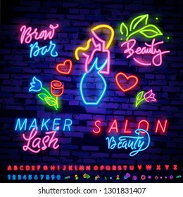 Collection neon signs vector. Hairdress, Beauty salon Logotype, Emblem in Modern Trend Design, Vector Template, Light Banner, Night Bright Promotion, Design Element. Vector Illustration