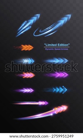 Collection of neon speed arrows with glowing trails and dynamic motion effects on transparent background