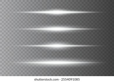 Collection of neon white horizontal speed lines. Laser lines of light.On a transparent background.