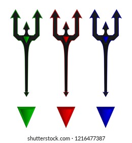 Collection of Neptune Trident. Cartoon Devil's Weapon. Fantasy Magic Weapon. Elements of Earth, Fire, Water. Vector illustration isolated on white background for Your Design, Game, Card.