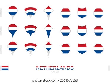 Collection of the Netherlands flag in different shapes and with three different effects. Vector flag set.