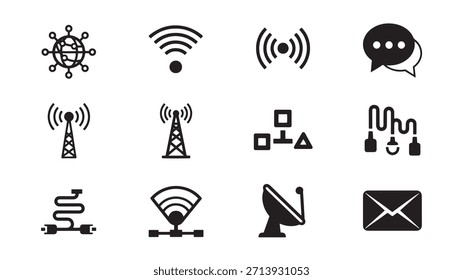 Coleção de ícones de rede com comunicação de conexão global transmissão sem fio Internet globo sinal de comunicação. Conjunto de ilustrações vetoriais.