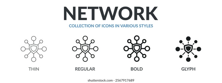 Collection of NETWORK icons in variety of styles. Designed in thin line, regular line, bold line, and glyph.