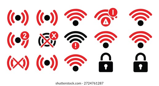 Colección de los símbolos de red para la interfaz digital Señal fuerte Señal débil Bloqueado Error de acceso a Internet Indicador tachado