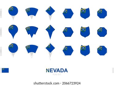 Collection of the Nevada flag in different shapes and with three different effects. Vector flag set.