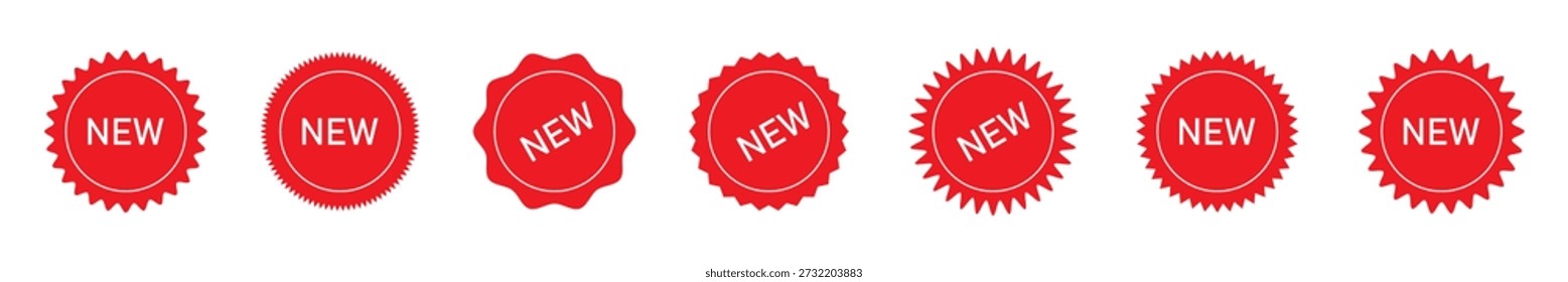 Coleção de adesivos New arrival. Etiqueta e distintivos vermelhos para promoção, marketing e branding. Perfeito para anúncios de comércio, publicidade e venda
