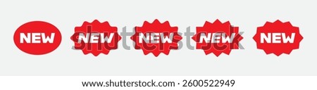 Collection of New arrival stickers. Red retail ribbon badges and label for promotion, marketing, and branding. Perfect for commerce, advertising, and sale announcements
