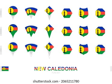 Collection of the New Caledonia flag in different shapes and with three different effects. Vector flag set.