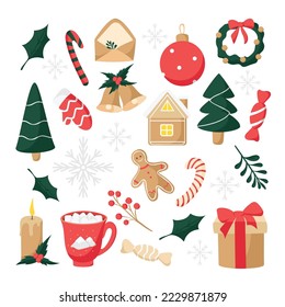 Collection of New Year’s items. Gift, wreath, house, bells, mitten, spruce, Christmas toy, gingerbread, candy, mug, snowflake, envelope. Green, red, beige, gray colors. On a white. Winter. Vector. 