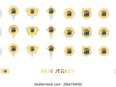Collection of the New Jersey flag in different shapes and with three different effects. Vector flag set.