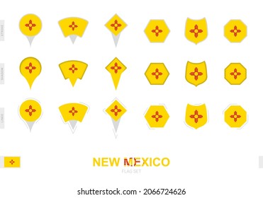 Collection of the New Mexico flag in different shapes and with three different effects. Vector flag set.