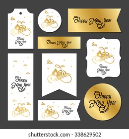 Collection of new year 2016 cards on gold background, notes, stickers, labels, tags with cute ornament illustrations. Template for scrapbooking, wrapping, notebooks, notebook, diary, decals, 
