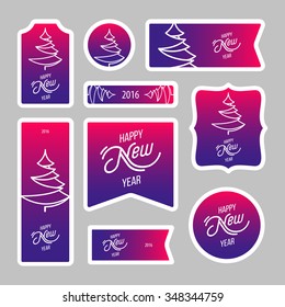 Collection of new year 2016 postage stamps with christmas tree, notes, stickers, labels, tags with cute ornament illustrations. Template for scrapbooking, wrapping, notebooks, notebook, diary, decals