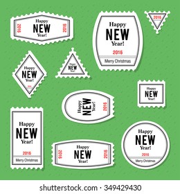 Collection of new year 2016 postage stamps, notes, stickers, labels, tags with cute ornament illustrations. Template for scrapbooking, wrapping, notebooks, notebook, diary, decals