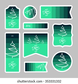 Collection of new year 2016 postage stamps with christmas tree, notes, stickers, labels, tags with cute ornament illustrations. Template for scrapbooking, wrapping, notebooks, notebook, diary, decals