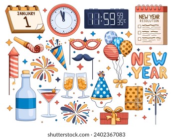 Collection of New Year celebration clip art vector illustrations, featuring festive elements such as fireworks, champagne, balloons, confetti, etc