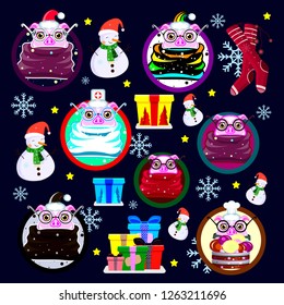 Collection of new year characters. Pig is a symbol of the new year. Snowmen and snowflakes. Gift boxes and Christmas socks.