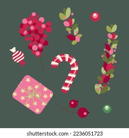 Collection of New Year and Christmas attributes vector flat illustration.